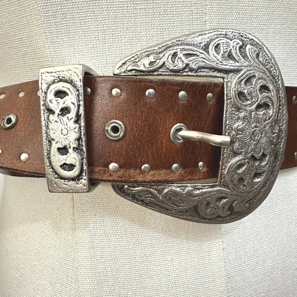 Y2K Genuine Leather Western Studded Belt L Brown Floral Engraved Buckle Cowgirl